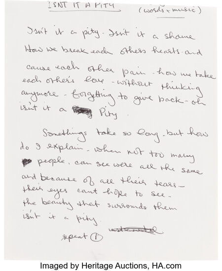 Music Memorabilia:Autographs and Signed Items, Beatles - George Harrison Original Handwritten Lyrics for "Isn't ItA Pity." ... Image #1