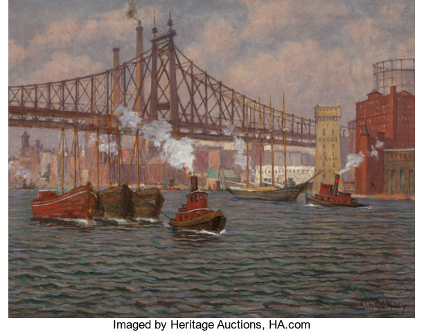 Maritime, Aloysius C. O'Kelly (American/British, 1853-1926). Tugboats inthe East River, New York, circa 1910. Oil on canvas. 20-1...(Total: 2 Items)
