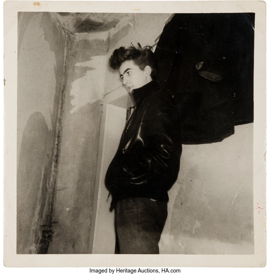 Music Memorabilia:Photos, Original Vintage Photograph of George Harrison Modeling the FirstBeatles Leather Jacket At The Bambi-Kino (Hamburg,1960)....