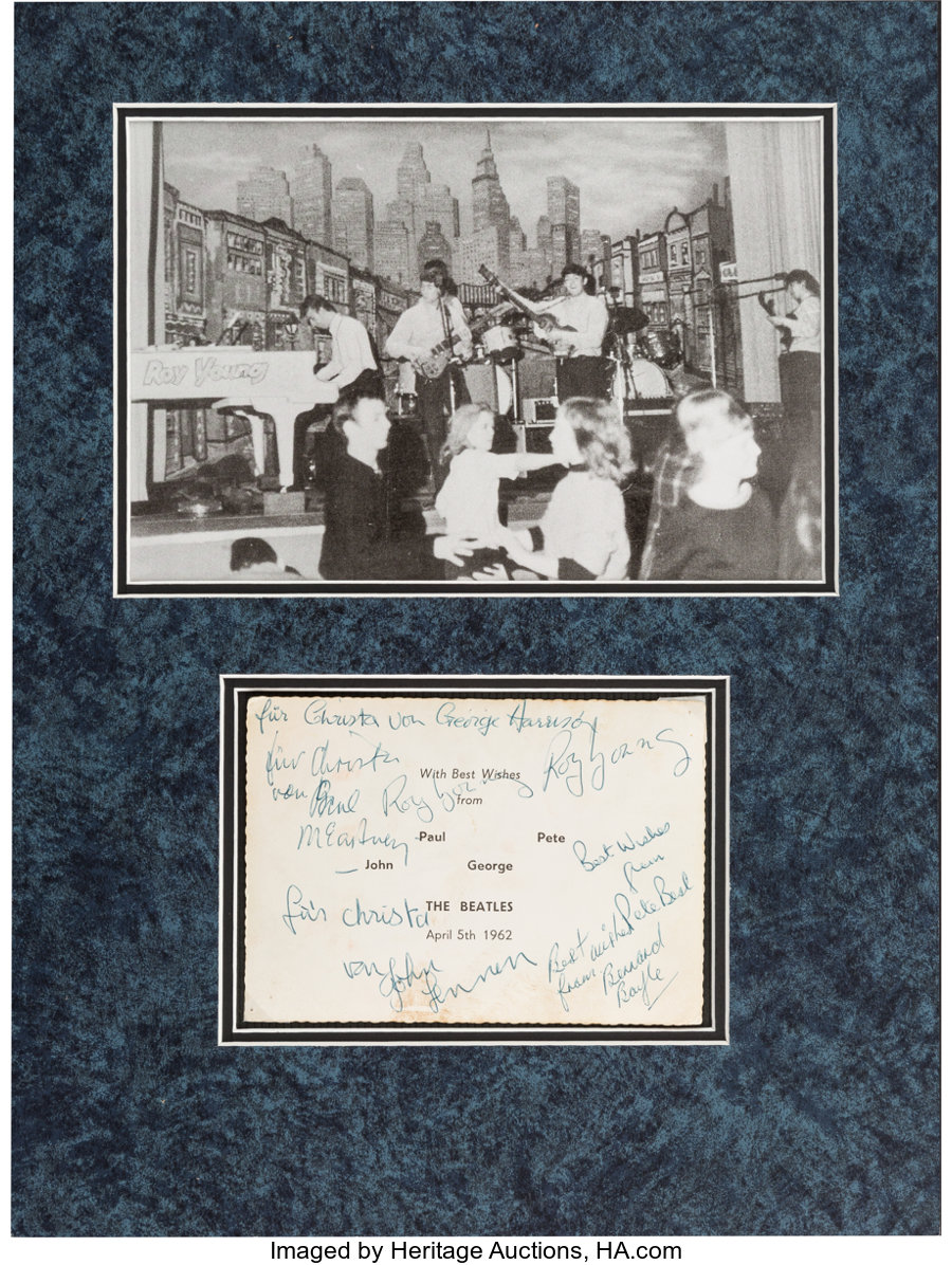 Music Memorabilia:Autographs and Signed Items, Beatles Rare Early Signatures with Roy Young and Bernard Boyle inMatted Display (Hamburg, 1962). ...